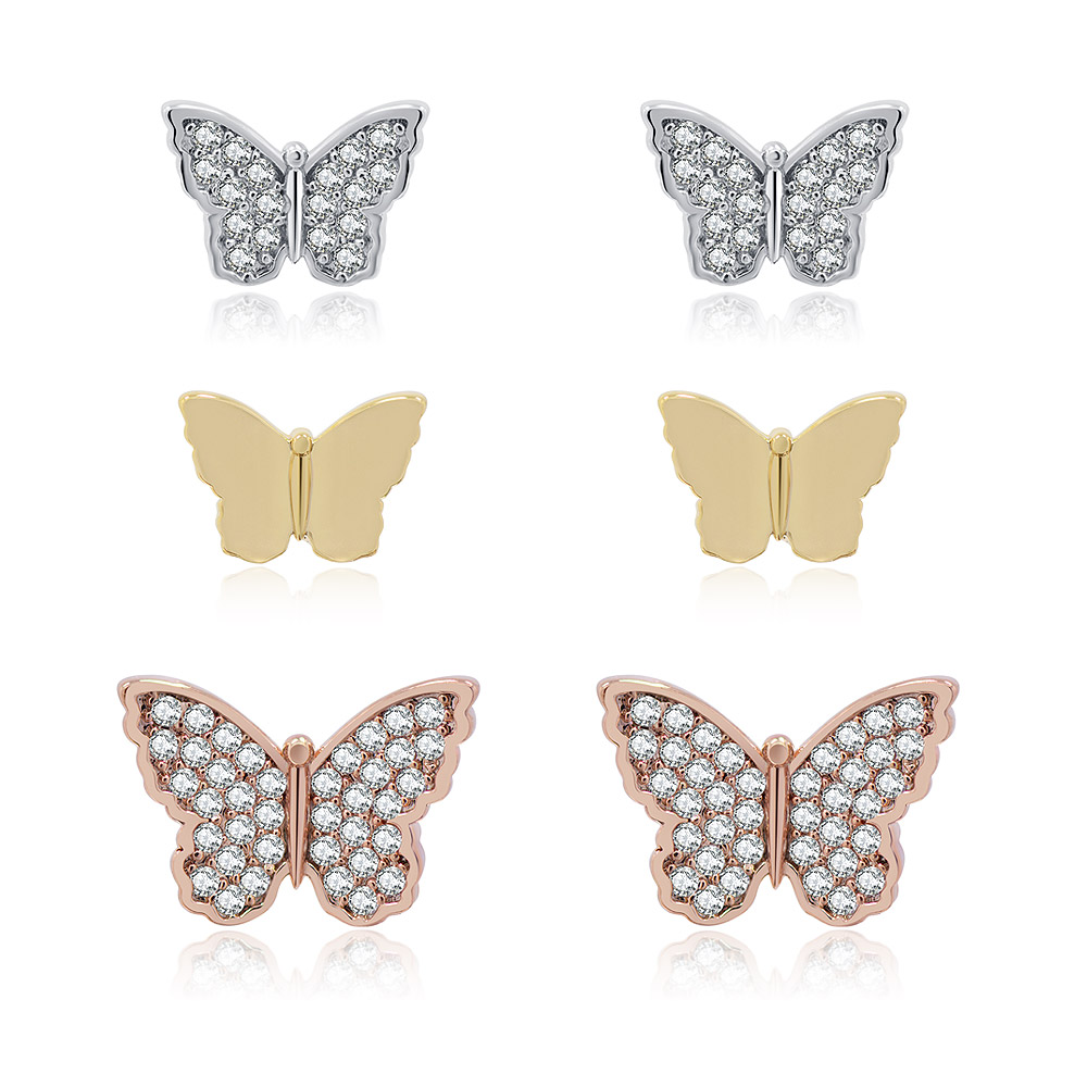 Set Of 3 Pairs Mini Butterfly Stud Earrings